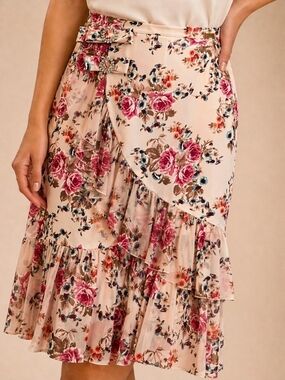 Babylon Romantic Light Peach Floral Wrap Skirt Ruffle Detail Statement Piece Sz4